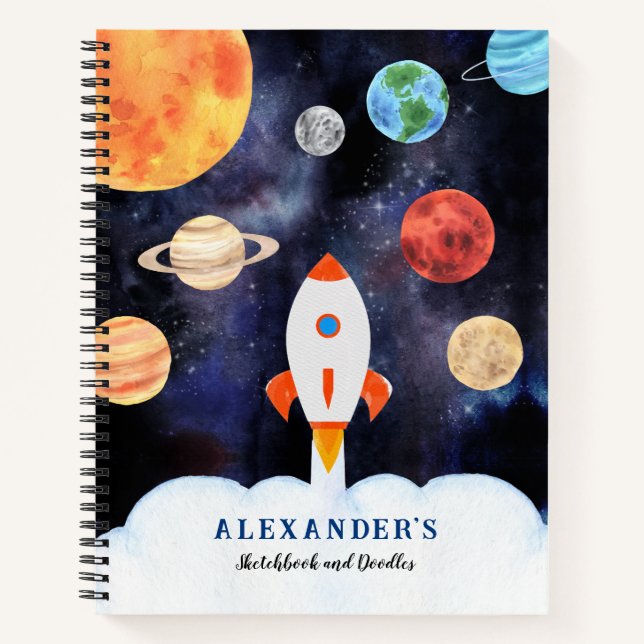 Weltraumraketenkids in Aquarellen Notizbuch (Vorderseite)