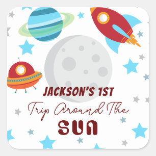 Weltraumreise rund um die Sonne 1. Geburtstag Quadratischer Aufkleber