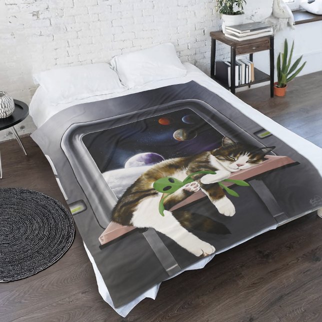 Weltraumschiff Tabby-Katze grüner Alien-Plüsch Sci Fleecedecke (Von Creator hochgeladen)