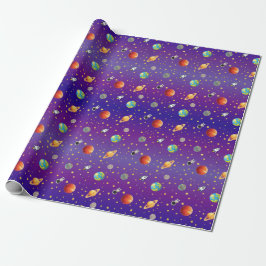 Weltraumthemen-Astronaut, Raumschiff und Planet Geschenkpapier