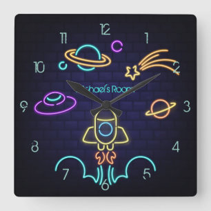 Weltraumthemen-Neonlicht für Kinder Quadratische Wanduhr