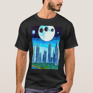 Weltraumwelt Viele Monde Dunkle Nacht Wolkenkratze T-Shirt