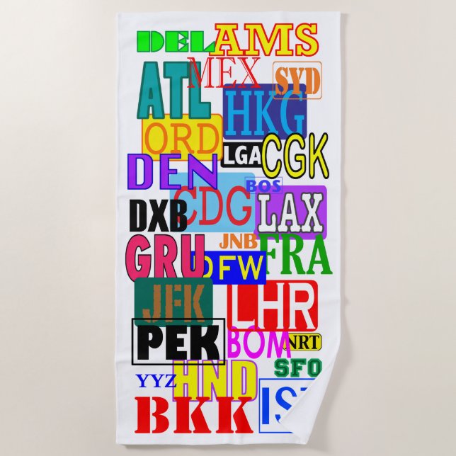 Weltreisend-internationaler Flughafen-Codes Strandtuch (Vorderseite)