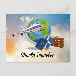 Weltreisender, Flugzeug, Reisepass, Ticket, Feiertagspostkarte