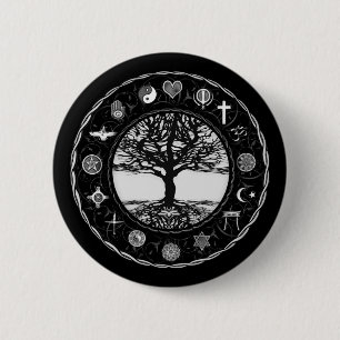 Weltreligions-Schwarzweiss-Baum Button