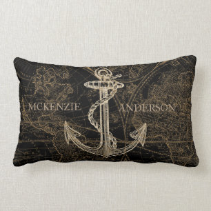 Welts-Seeanker-Monogramm-Schwarzes Lendenkissen
