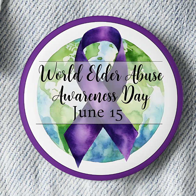 Welttag des Missbrauchs - 15. Juni Button (Purple ribbon and globe. World Elder Abuse Awareness Day June 15.)