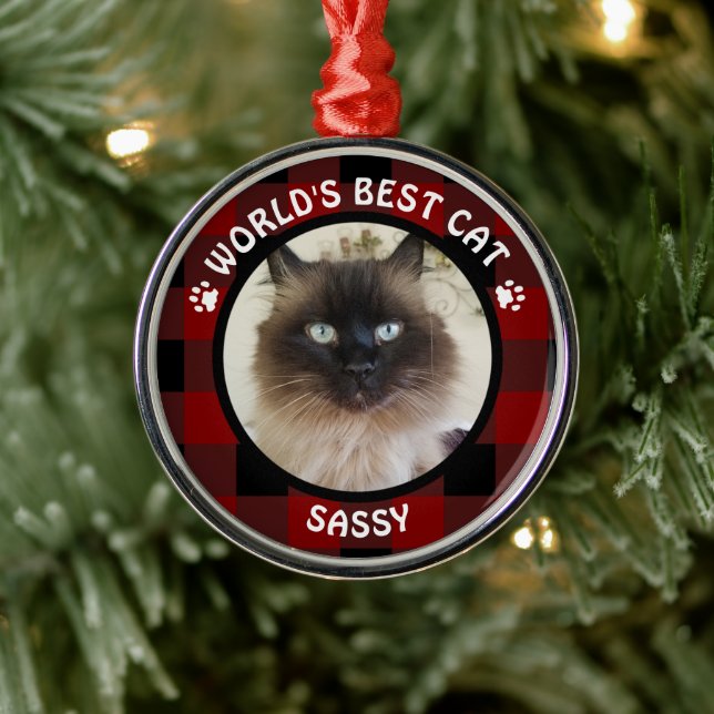 WELTWEIT BEST CAT Red and Black Buffalo Karo Name Ornament Aus Metall (Baum)