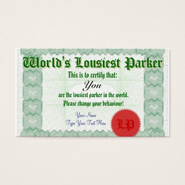 Weltweit Lousiest Parker Bad Parking Certificate (Vorderseite)