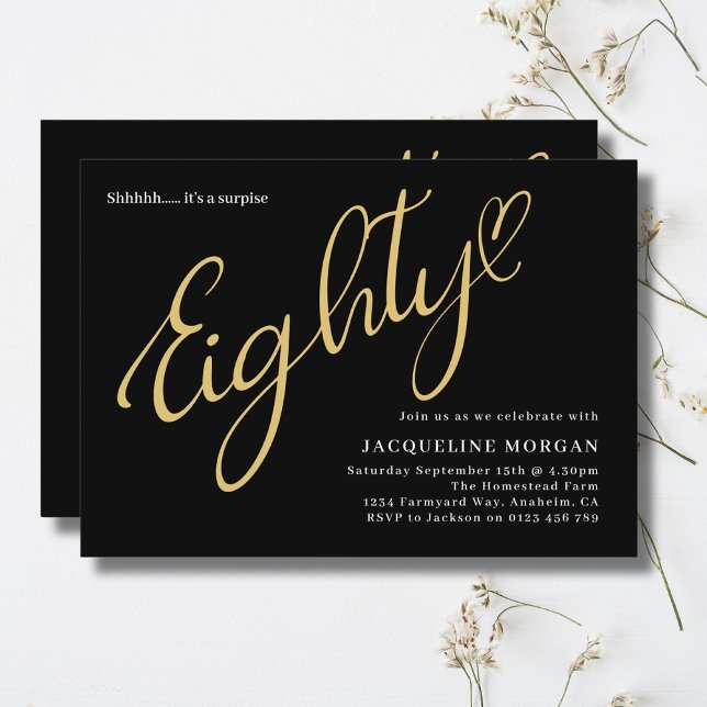 Wende 80 Black Gold 80. Geburtstag Einladung (80th birthday party invitation in black and gold on a light background.)