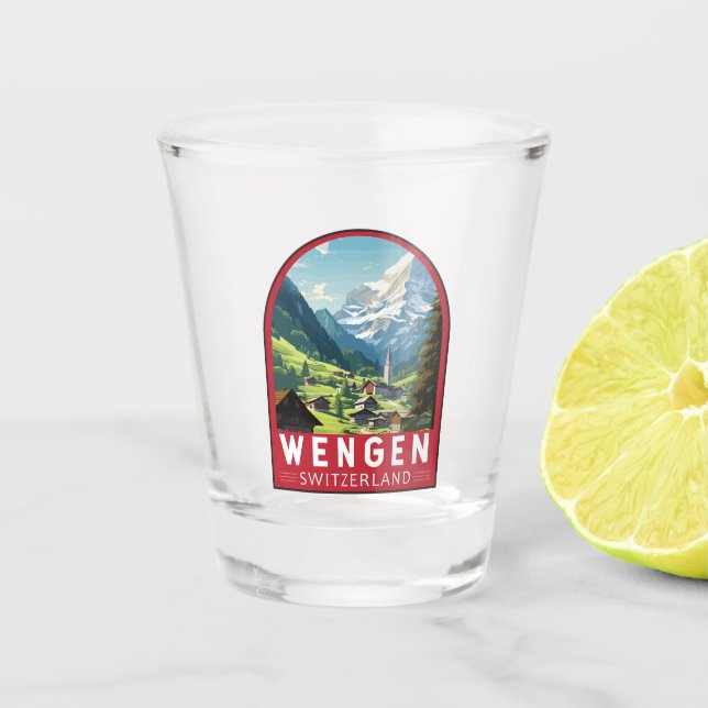 Wengen Schweiz Reisen Vintag Schnapsglas (Vorderseite)