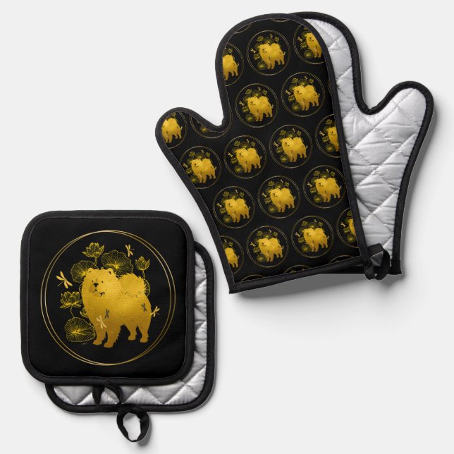 WENN DRAGONS FLY - Chow - Oven Mitt und Pot Holder Ofenhandschuh & Topflappen-Set (Vorderseite/Rückseite)