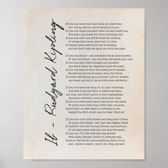 Wenn Gedicht von Rudyard Kipling - Literatur Wall  Poster (Vorne)