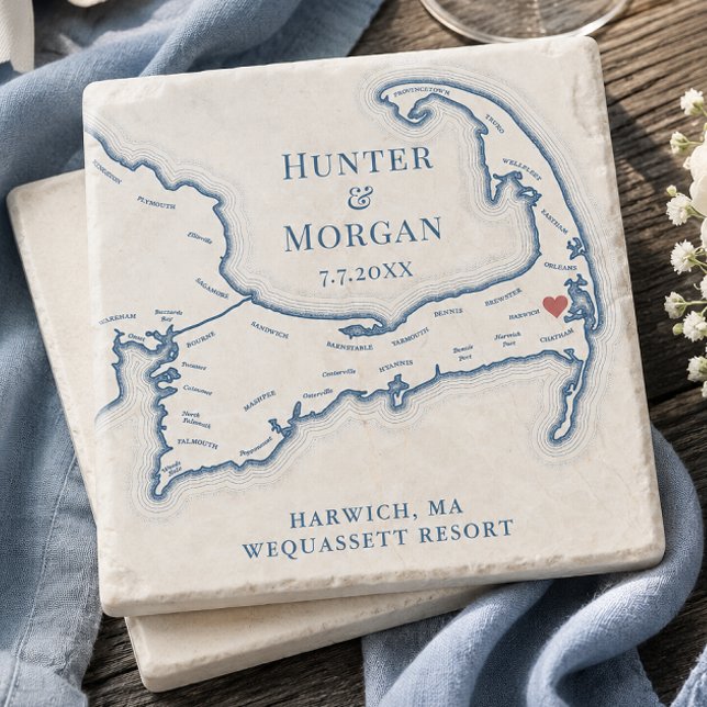 Wequassett Resort Hochzeitsgeschenk Cape Cod Karte Steinuntersetzer (Wequassett Resort Wedding Favor Cape Cod Map Stone Coaster keepsake gift by Coastal Map Designs)