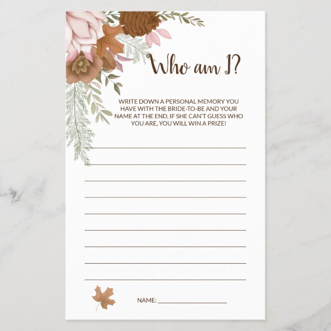Wer bin ich Boho Autumn Brautparty Game Card Flyer (Vorne)
