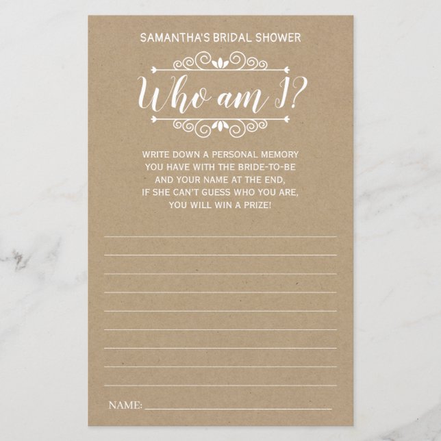 Wer bin ich Brautparty Englisch Spanisch rustikale (Vorderseite)