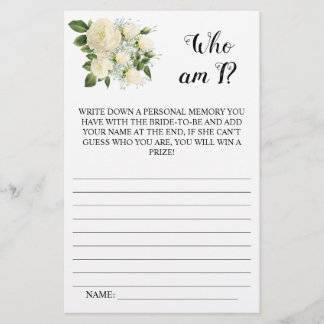 Wer bin ich? Brautparty-Spielkarte mit weißer Blum Flyer