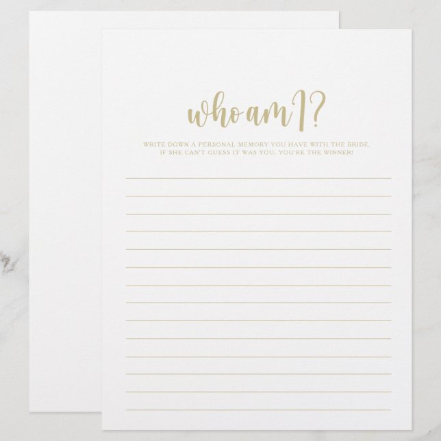 Wer bin ich Minimalistisch Gold Brautparty Game (Vorne/Hinten)