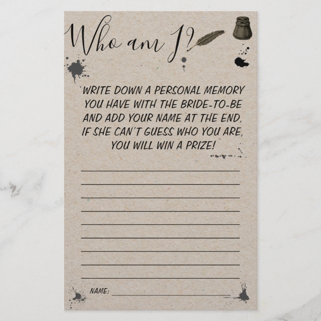 Wer bin ich? | Pen & Inkwell Brautparty Game Card Flyer (Vorne)