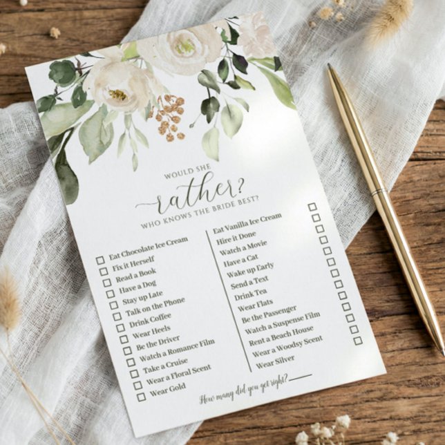 Wer Braut am besten kennt, würde eher Duschenspiel (Bridal shower game - Would she rather - White watercolor floral sage greenery)