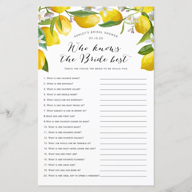 Wer die Braut am besten kennt, Lemon Bridal-Spiele (Vorderseite)