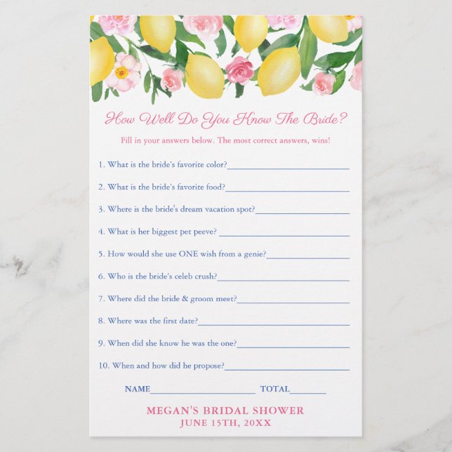 Wer die Braut kennt die beste Dusche Quiz Game Car Flyer (Vorne)