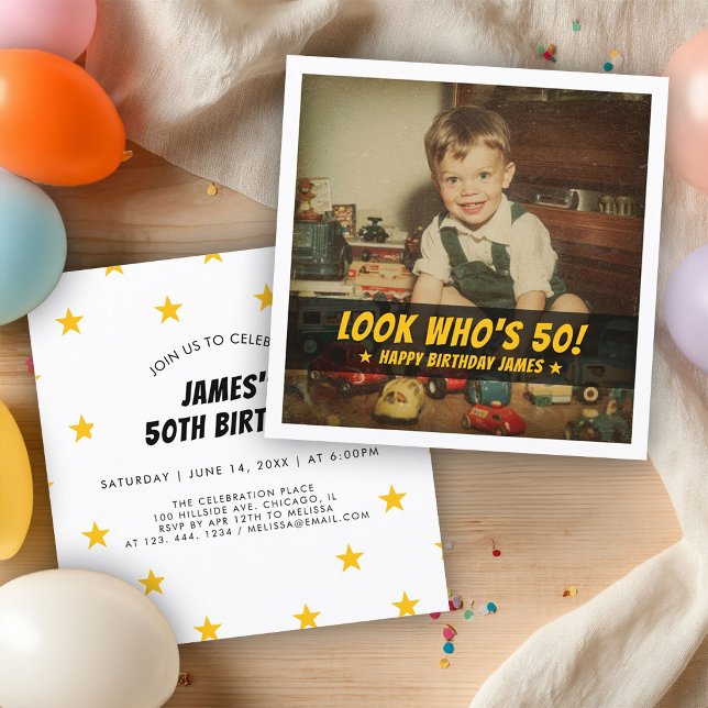 Wer hat 50 Geburtstag Benutzerdefiniertes Retro-Fo Einladung (Neutral-toned 50th birthday invitation with retro typography, custom photo, in a minimalist design)