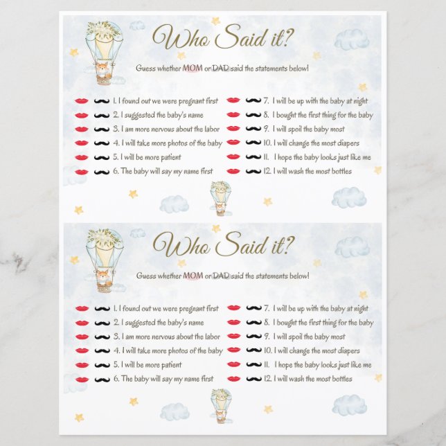 Wer hat es gesagt? Baby Shower Game (Vorderseite)