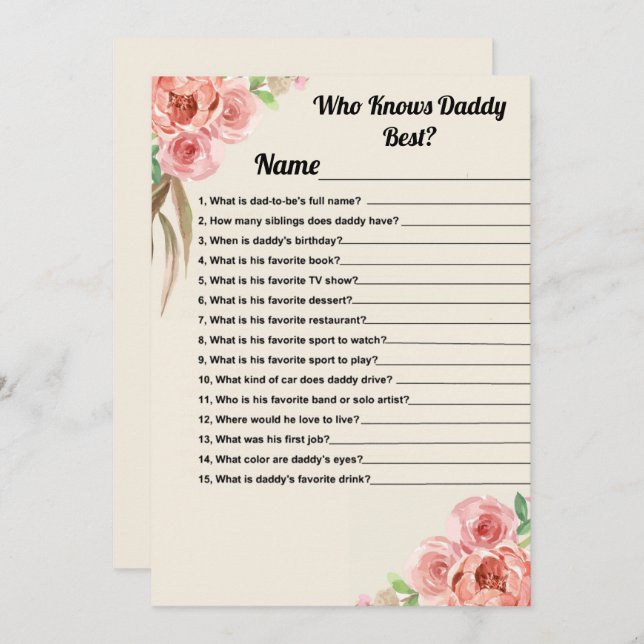 Wer kennt Daddy Best Floral Baby Shower Game Card? Einladung (Vorne/Hinten)