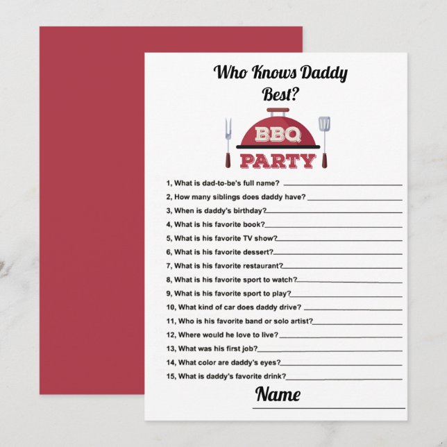 Wer kennt Daddy Best GRILLEN Baby Shower Game Card Einladung (Vorne/Hinten)
