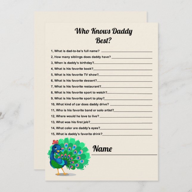 Wer kennt Daddy Best Peacock Baby Shower Game Card Einladung (Vorne/Hinten)