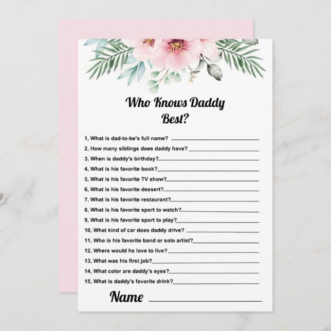 Wer kennt Daddy Best Pink Baby Shower Game Card? Einladung (Vorne/Hinten)