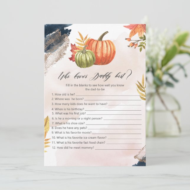 Wer kennt Daddy Best Pumpkin Baby Shower Game Card Einladung (Stehend Vorderseite)