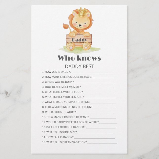 Wer kennt Daddy best Woodland baby Shower Game (Vorderseite)