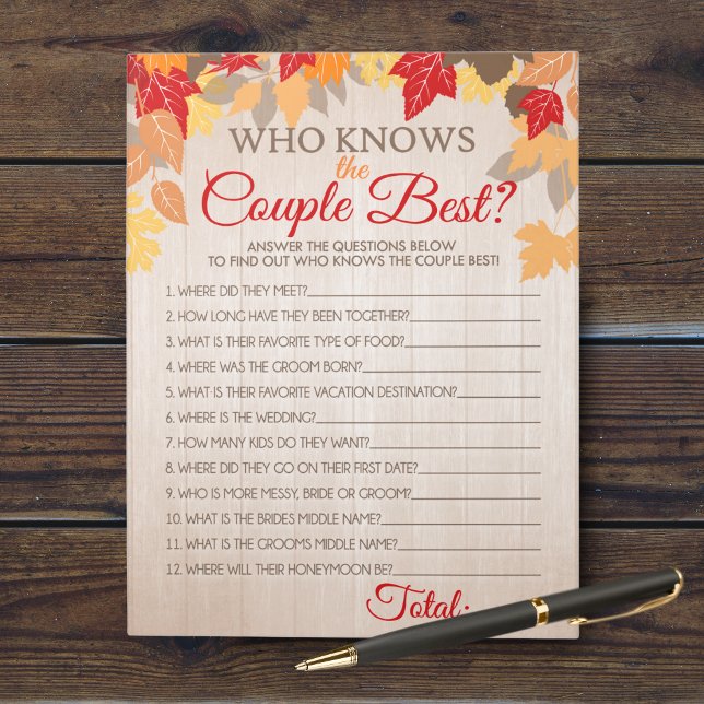 Wer kennt das Couple Best Fall Bridal Game Pack? Notizblock (Who Knows the Couple Best Bridal Shower Party Game. Comes in a pack of 40 easy tear away games!)