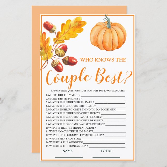 Wer kennt das Couple Best Fall Pumpkin Bridal Game (Vorne/Hinten)