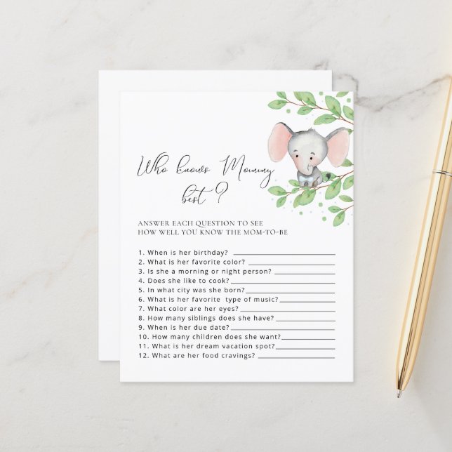 Wer kennt das Mama Best Elephant Baby Shower Game? (Vorderseite/Rückseite Beispiel)