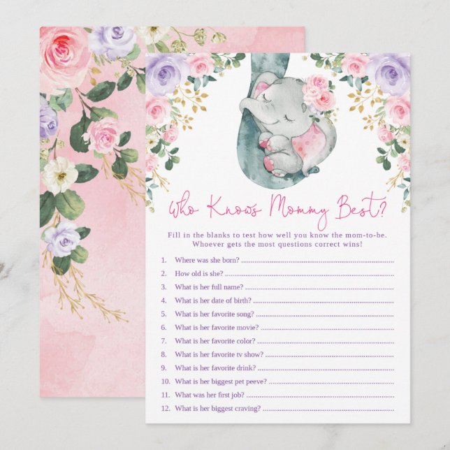 Wer kennt das Mama Best Elephant Baby Shower Game? Einladung (Vorne/Hinten)
