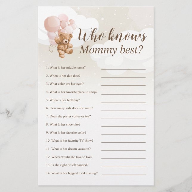 Wer kennt das Mama Best Teddy Bear Baby Shower Gam Flyer (Vorne)