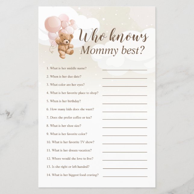 Wer kennt das Mama Best Teddy Bear Baby Shower Gam Flyer (Vorne)