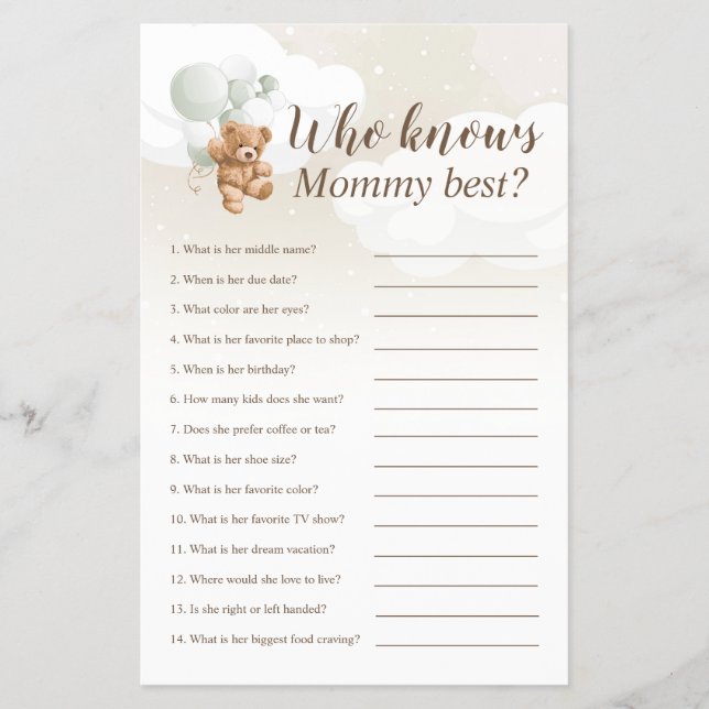 Wer kennt das Mama Best Teddy Bear Baby Shower Gam Flyer (Vorne)