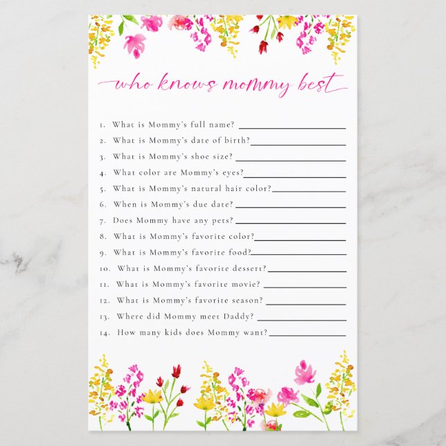 Wer kennt Mama Wildblumen Baby Shower Game? (Vorderseite)