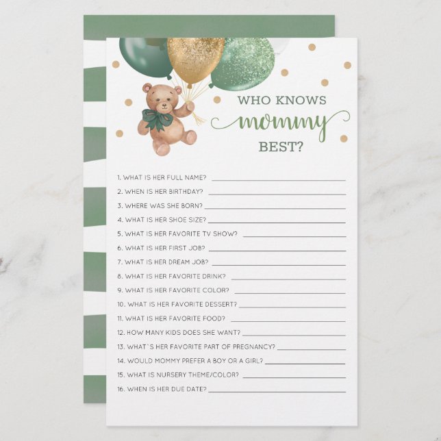 Wer kennt Mommy Best Game Baby Shower Teddy Bear (Vorne/Hinten)