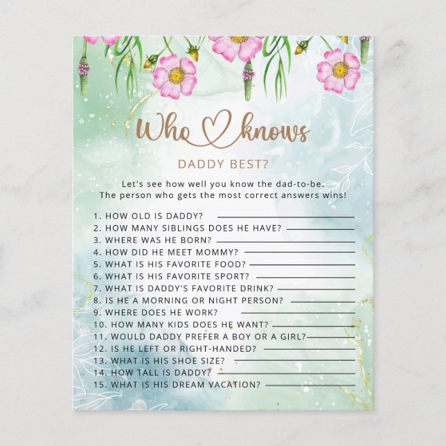 Wer kennt Papa am besten Wildblume Baby Dusche Spi (Vorderseite)