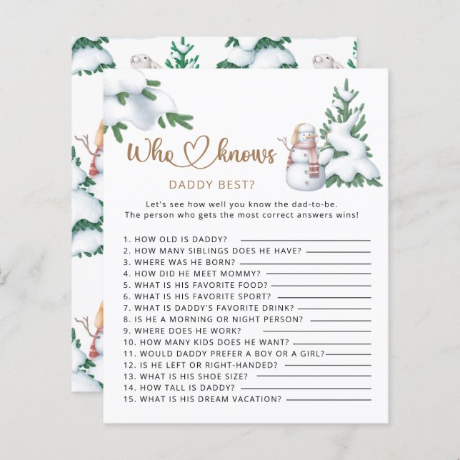 Wer kennt Papa am besten Winter Baby Dusche Spiel (Vorne/Hinten)