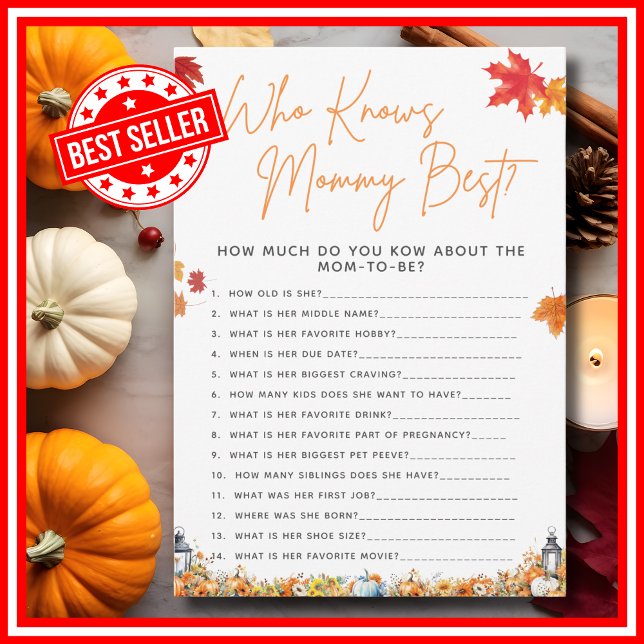 WER MOMMY BEST Questions Baby Shower Game kennt Einladung (WHO KNOWS MOMMY BEST Baby Shower Game with Answers A Little Pumpkin is on the Way Theme )