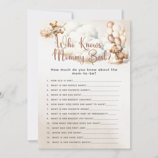 WER MOMMY BEST Questions Baby Shower Game kennt Einladung (Vorderseite)