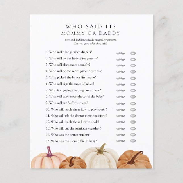 Wer sagte es Mama oder Papa Pumpkin Baby Dusche? (Vorderseite)