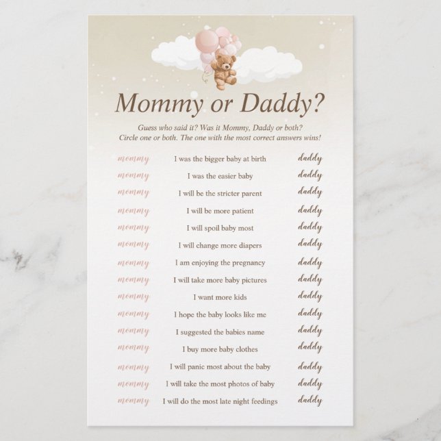 Wer sagte, es rosa Teddy Bear Baby Duschspiel Flyer (Vorne)