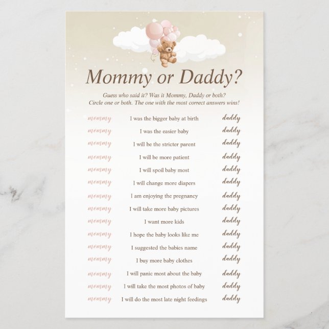 Wer sagte, es rosa Teddy Bear Baby Duschspiel Flyer (Vorne)